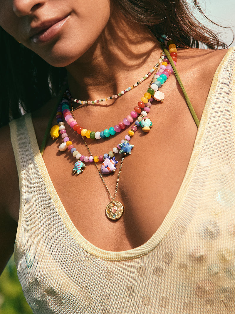 Medallion Five Stones Stainless Steeel Gold Necklace