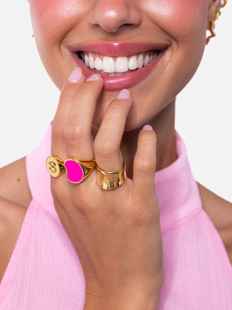 Anello Signet Bean Neon Pink Enamel Placcato Oro