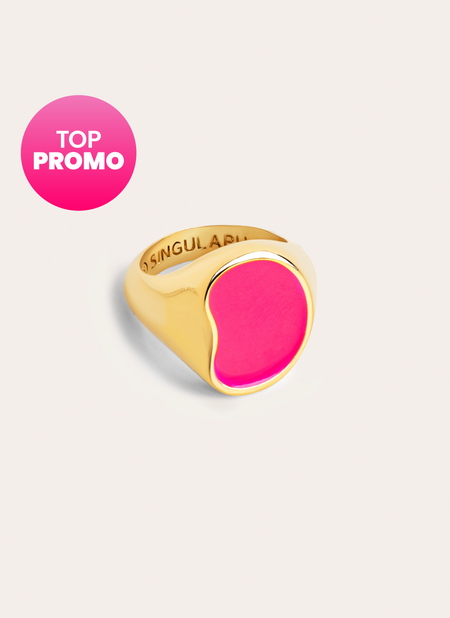 Anillo Signet Bean Neon Pink Enamel Baño Oro