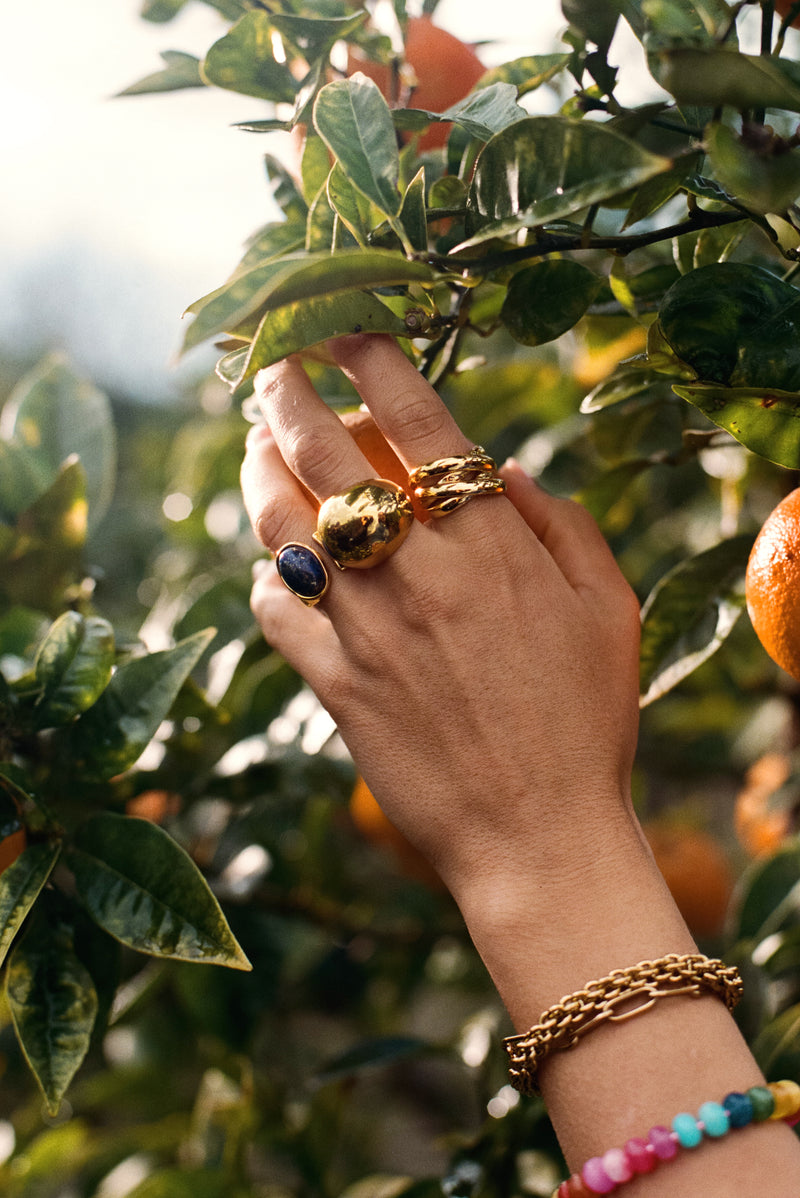 Anillo Índigo Azul Acero Baño Oro