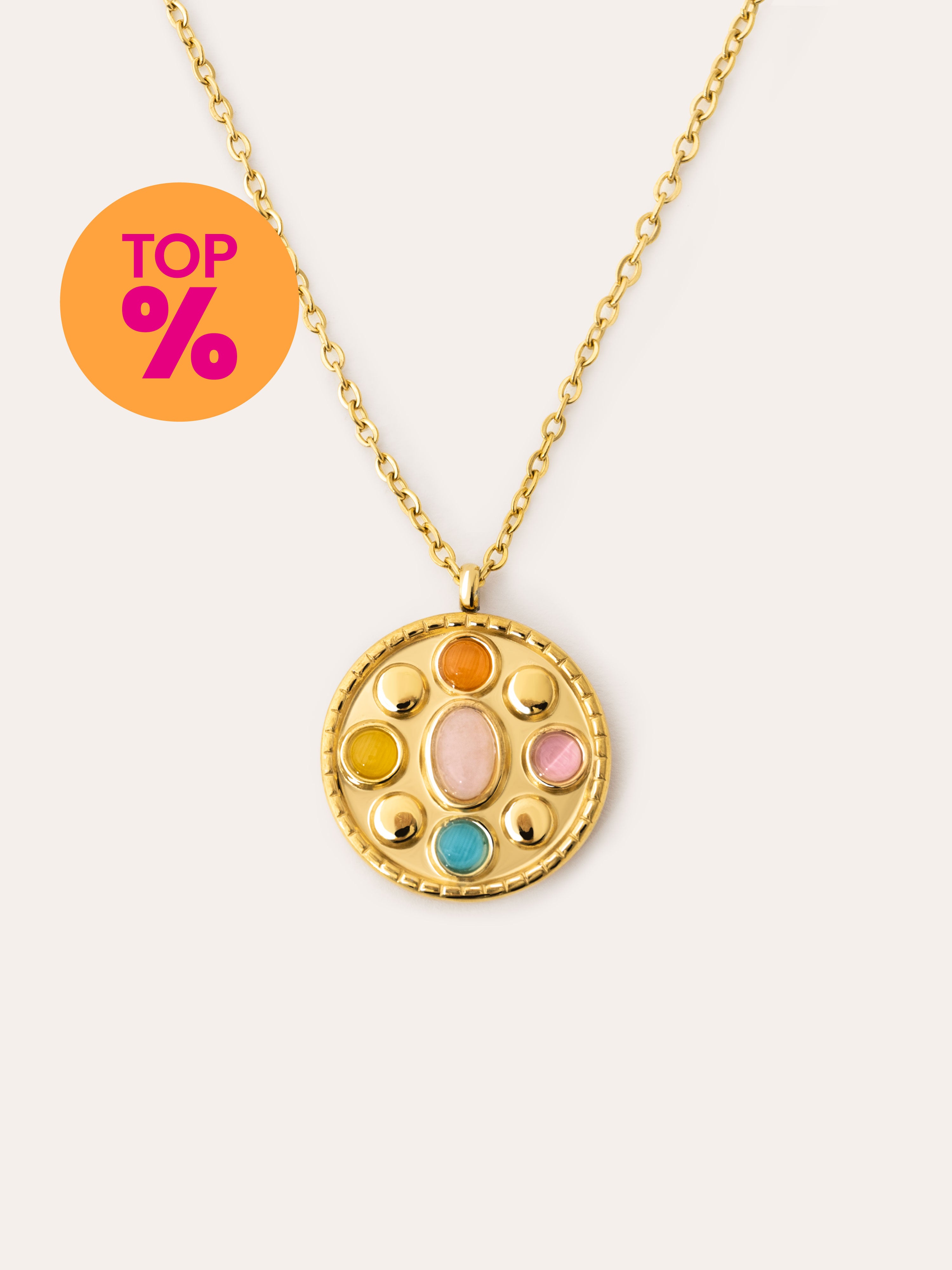 Collar Medallion Five Stones Acero Baño Oro