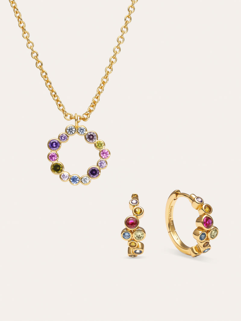Pack Presente Colar Bubbles e Brincos de Argola Rainbow Banhado a Ouro
