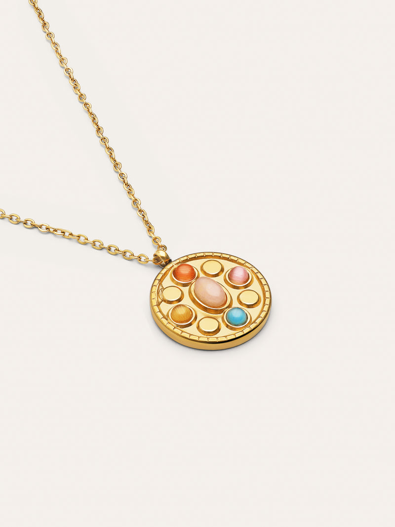 Medallion Five Stones Stainless Steeel Gold Necklace