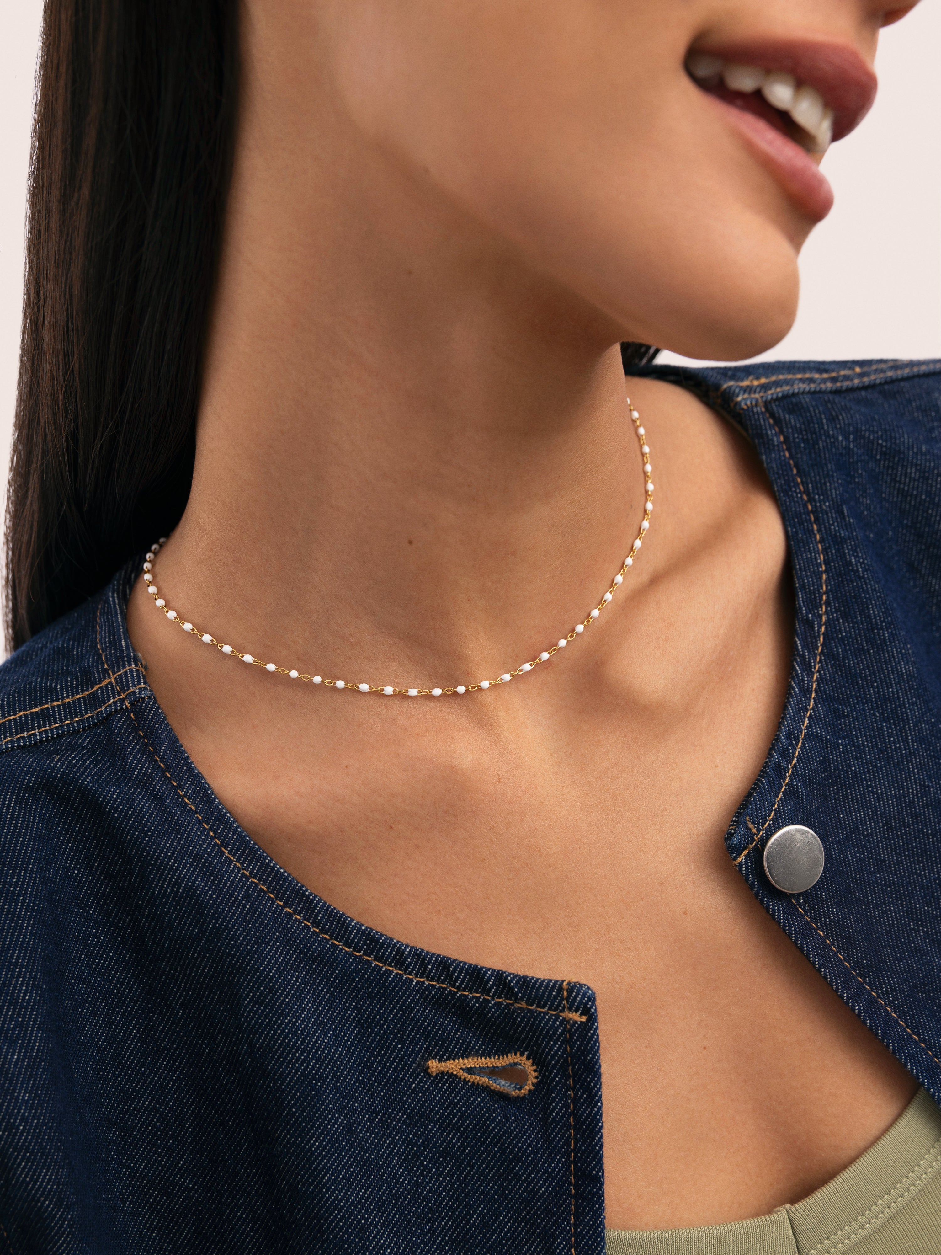 Dots Enamel White Stainless Steel Gold Necklace