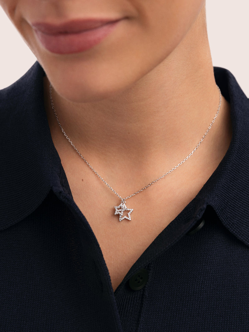 Duo Stars Spark Silver Necklace