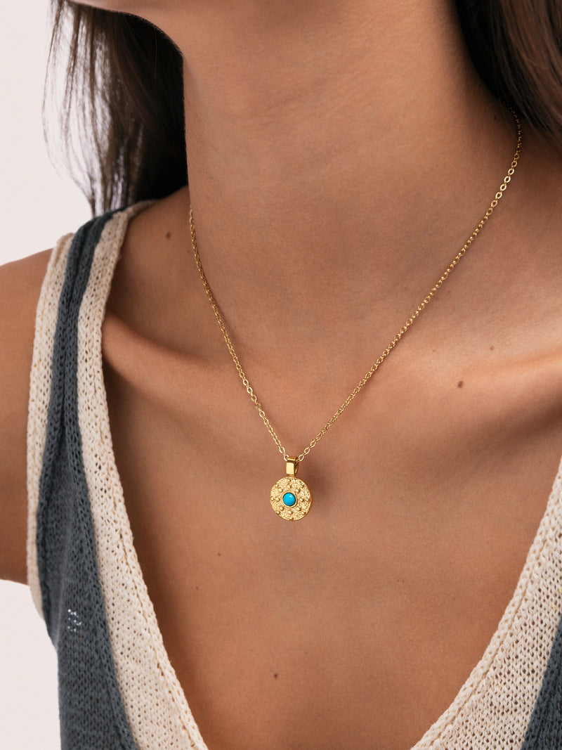 Collier Medallion Aqua Acier Plaqué Or