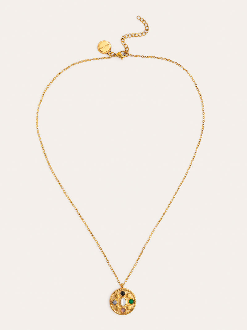 Collar Medallion Five Stones Mística Acero Baño Oro