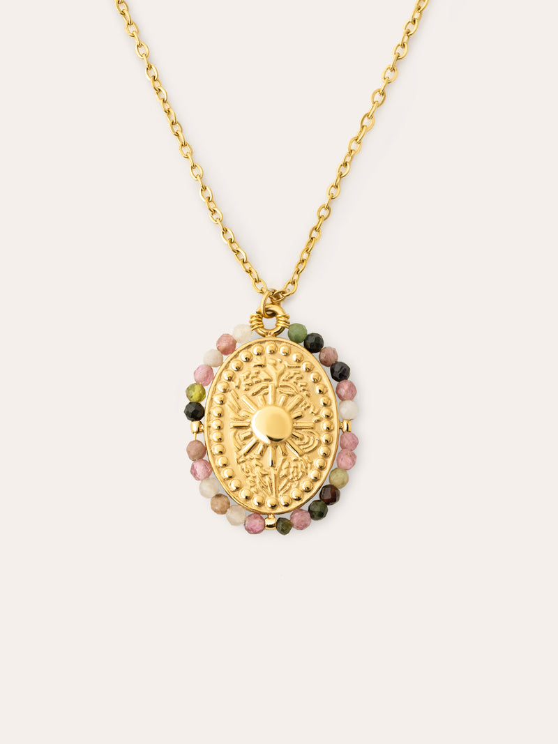 Colar Medallion Stones Sun Aço Banho de Ouro