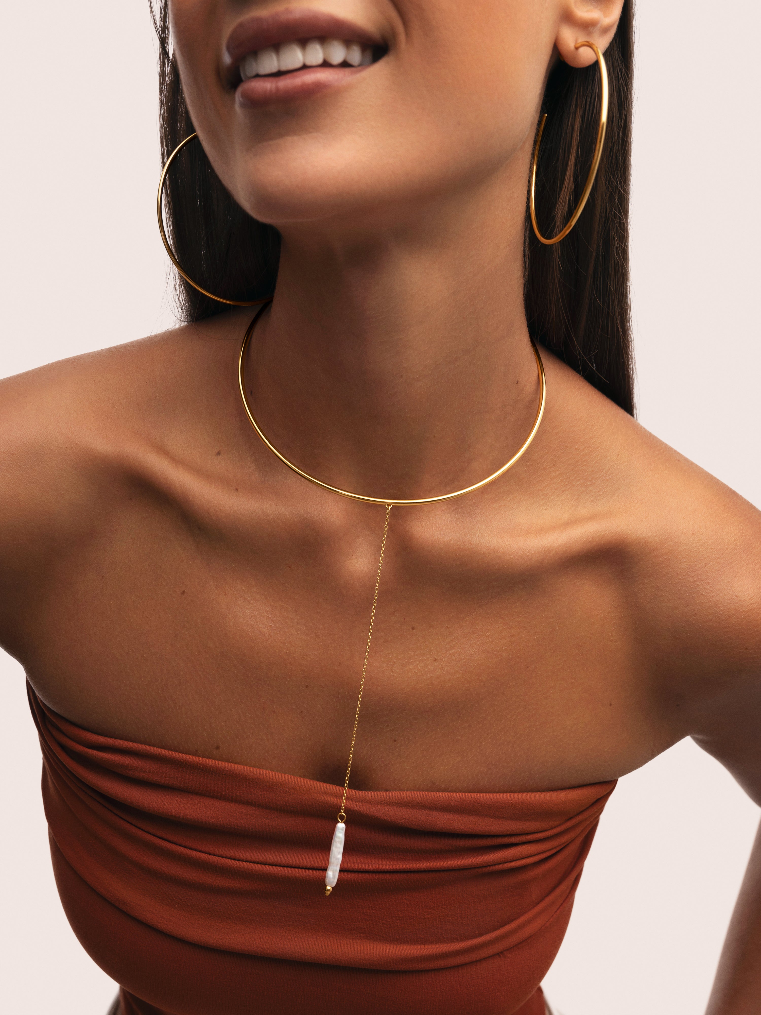 Y Pearl Stainless Steel Gold Choker 