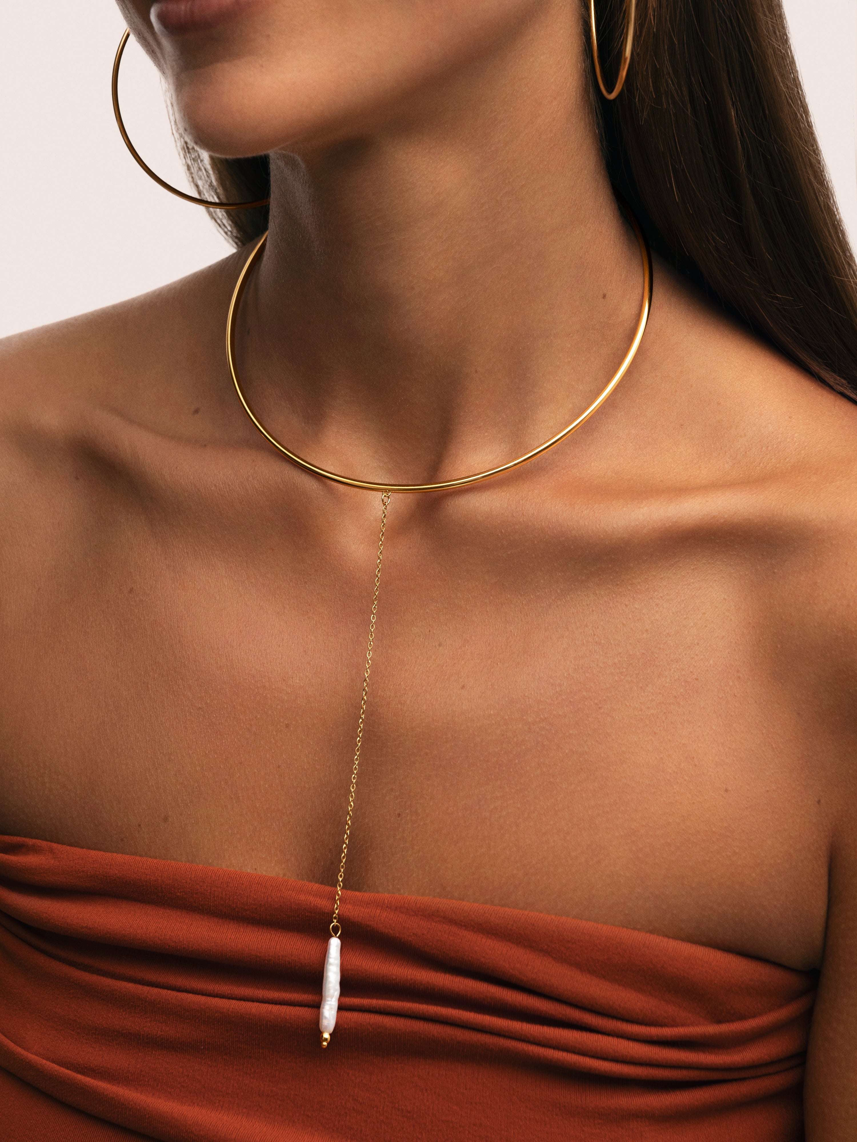 Y Pearl Stainless Steel Gold Choker 