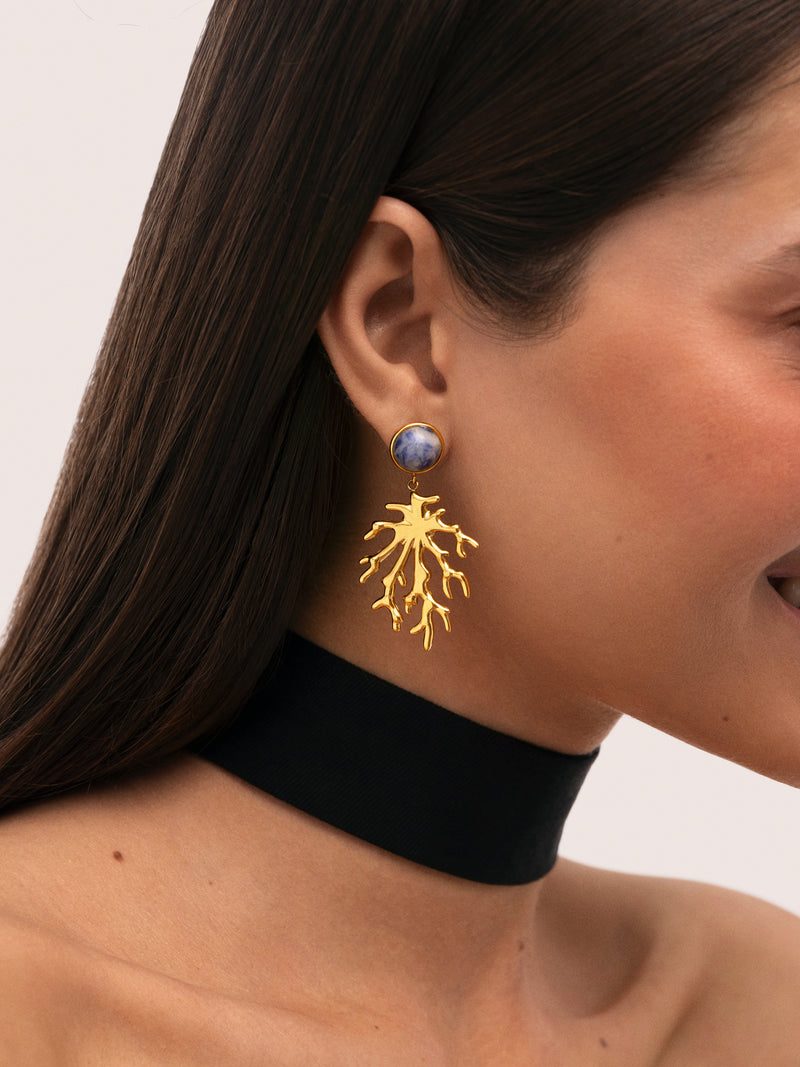 Pendientes Coral Stone Azul Acero Baño Oro