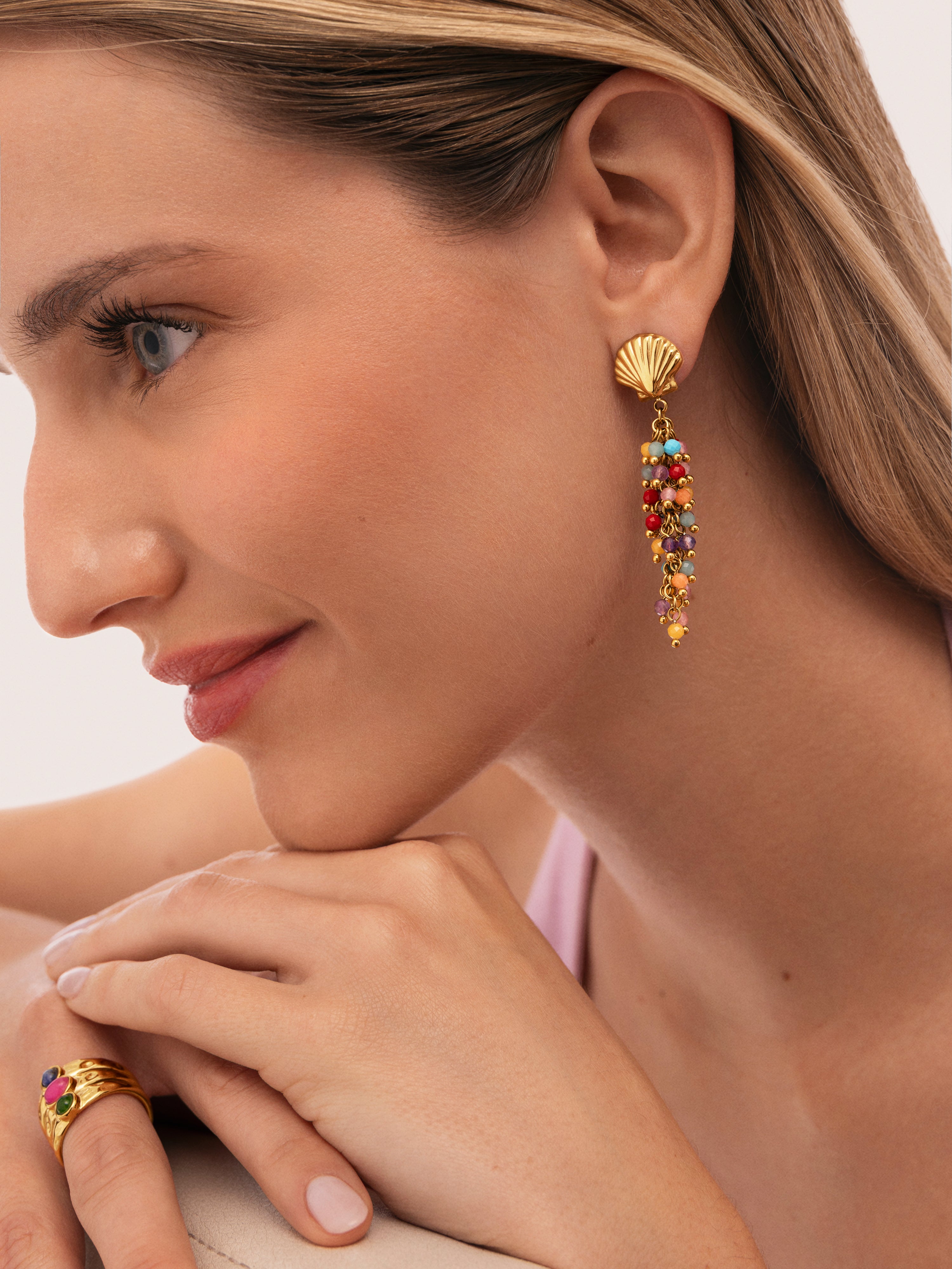 Pendientes Long Coral Acero Baño Oro