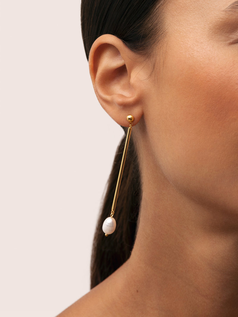Pearl Stick Stainless Steel Gold Earrings 