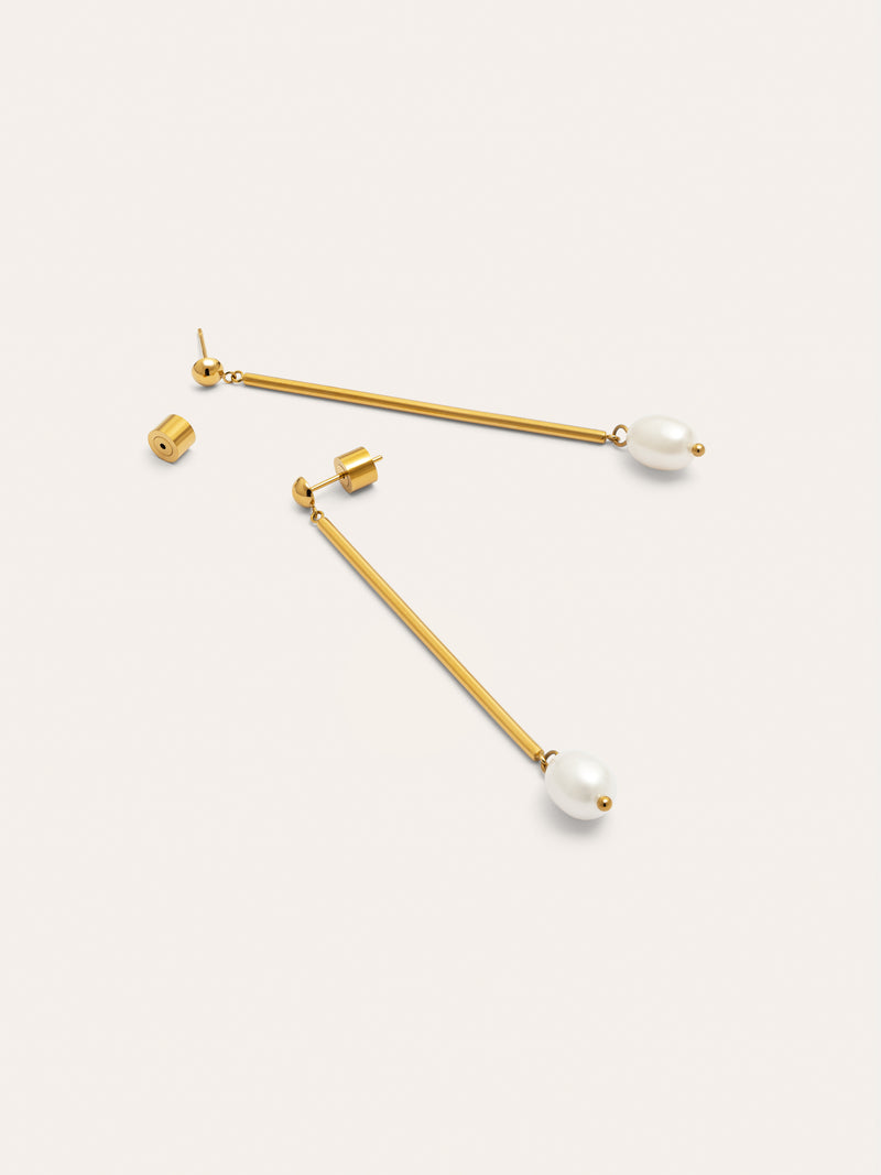Pearl Stick Stainless Steel Gold Earrings 