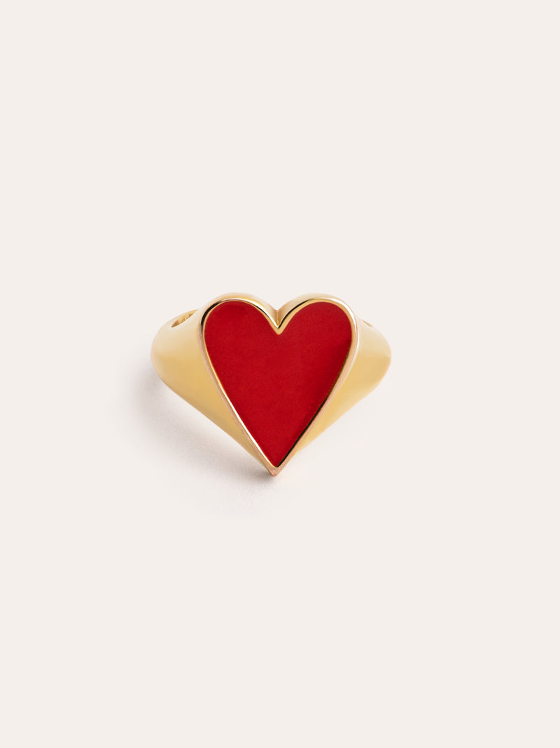 Lovely Heart Red Enamel Gold Ring