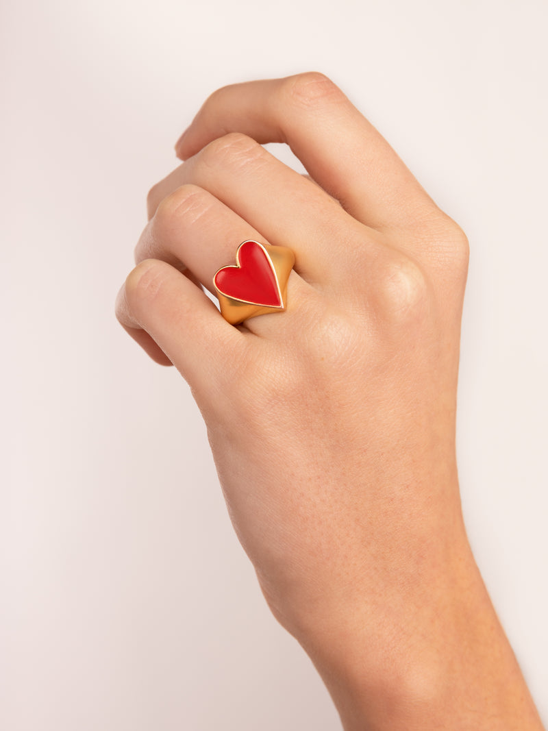 Lovely Heart Red Enamel Gold Ring
