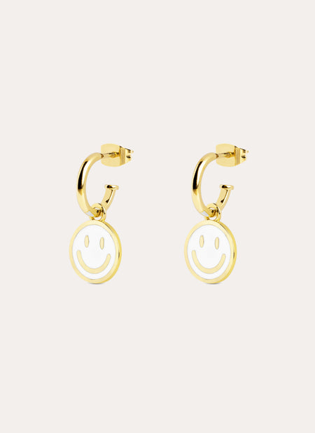 Pendientes Aro Smiley White Enamel Baño Oro